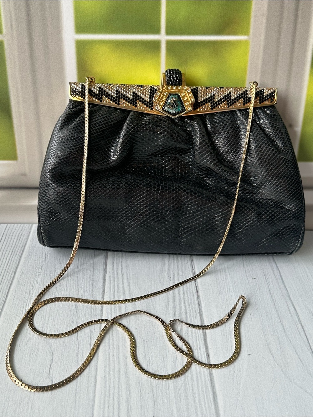 Vintage Finesse La Model Rhinestone Frame Evening Bag Black Snake Embossed